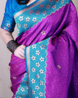 Purple Soft Banarasi Silk Zari Work Saree with Flower Pattern Border