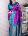 Purple Soft Banarasi Silk Zari Work Saree with Flower Pattern Border
