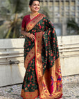 Bottle Green Paithani Silk Meenakari Zari Woven Jaal Saree