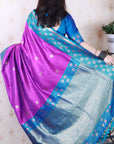 Purple Soft Banarasi Silk Zari Work Saree with Flower Pattern Border