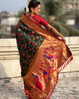 Bottle Green Paithani Silk Meenakari Zari Woven Jaal Saree