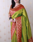 Mehendi Green Soft Banarasi Silk Zari Work Saree with Flower Pattern Border