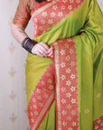 Mehendi Green Soft Banarasi Silk Zari Work Saree with Flower Pattern Border