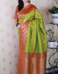 Mehendi Green Soft Banarasi Silk Zari Work Saree with Flower Pattern Border