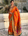 Orange Paithani Silk Meenakari Zari Woven Jaal Saree