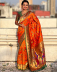 Orange Paithani Silk Meenakari Zari Woven Jaal Saree