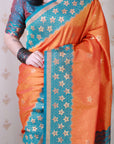 Orange Soft Banarasi Silk Zari Work Saree with Flower Pattern Border
