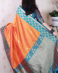 Orange Soft Banarasi Silk Zari Work Saree with Flower Pattern Border