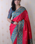 Rani Pink Soft Banarasi Silk Zari Work Saree with Flower Pattern Border
