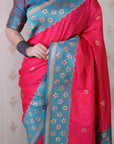 Rani Pink Soft Banarasi Silk Zari Work Saree with Flower Pattern Border