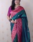 Peacock Blue Soft Banarasi Silk Zari Work Saree with Flower Pattern Border