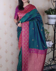 Peacock Blue Soft Banarasi Silk Zari Work Saree with Flower Pattern Border
