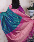 Peacock Blue Soft Banarasi Silk Zari Work Saree with Flower Pattern Border