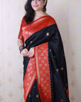 Black Soft Banarasi Silk Zari Work Saree with Flower Pattern Border