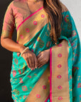 Aqua Blue Paithani Silk Meenakari Zari Woven Jaal Saree