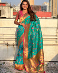 Aqua Blue Paithani Silk Meenakari Zari Woven Jaal Saree