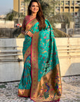Aqua Blue Paithani Silk Meenakari Zari Woven Jaal Saree