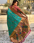 Aqua Blue Paithani Silk Meenakari Zari Woven Jaal Saree