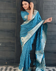 Blue Banarasi Satin Zari Woven Silk Saree with Arrow Pattern