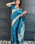 Blue Banarasi Satin Zari Woven Silk Saree with Arrow Pattern