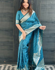 Blue Banarasi Satin Zari Woven Silk Saree with Arrow Pattern