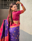 Violet Soft Silk Peacock Border Motifs Zari Woven Saree