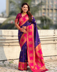 Violet Soft Silk Peacock Border Motifs Zari Woven Saree