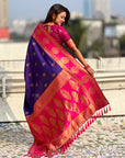 Violet Soft Silk Peacock Border Motifs Zari Woven Saree