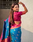 Rama Blue Soft Silk Peacock Border Motifs Zari Woven Saree