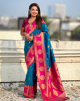 Rama Blue Soft Silk Peacock Border Motifs Zari Woven Saree
