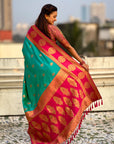 Sky Blue Soft Silk Peacock Border Motifs Zari Woven Saree