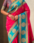 Rani Pink Soft Silk Peacock Border Motifs Zari Woven Saree