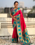 Rani Pink Soft Silk Peacock Border Motifs Zari Woven Saree