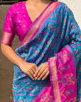Dark Blue Soft Silk Zari Woven Contrast Ikkat Patola Saree