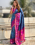 Dark Blue Soft Silk Zari Woven Contrast Ikkat Patola Saree