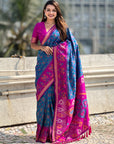Dark Blue Soft Silk Zari Woven Contrast Ikkat Patola Saree