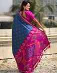 Dark Blue Soft Silk Zari Woven Contrast Ikkat Patola Saree
