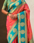 Peach Soft Silk Peacock Border Motifs Zari Woven Saree