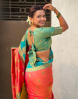 Peach Soft Silk Peacock Border Motifs Zari Woven Saree