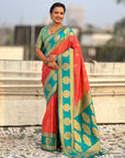 Peach Soft Silk Peacock Border Motifs Zari Woven Saree