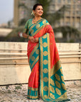 Peach Soft Silk Peacock Border Motifs Zari Woven Saree