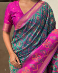 Peacock Blue Soft Silk Zari Woven Contrast Ikkat Patola Saree