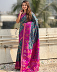 Peacock Blue Soft Silk Zari Woven Contrast Ikkat Patola Saree