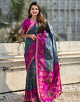 Peacock Blue Soft Silk Zari Woven Contrast Ikkat Patola Saree