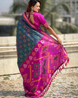 Peacock Blue Soft Silk Zari Woven Contrast Ikkat Patola Saree