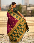 Wine Soft Silk Peacock Border Motifs Zari Woven Saree