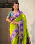 Parrot Green Soft Silk Peacock Border Motifs Zari Woven Saree