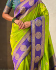 Parrot Green Soft Silk Peacock Border Motifs Zari Woven Saree