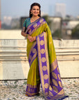 Mehendi Green Soft Silk Peacock Border Motifs Zari Woven Saree