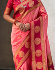 Baby Pink Soft Silk Peacock Border Motifs Zari Woven Saree